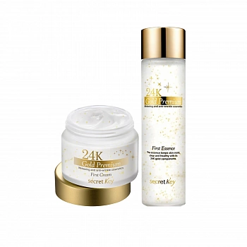 Антивозрастной набор с микрочастицами золота(Эссенция+крем) 24k Gold Premium First Set(Essence+Cream)